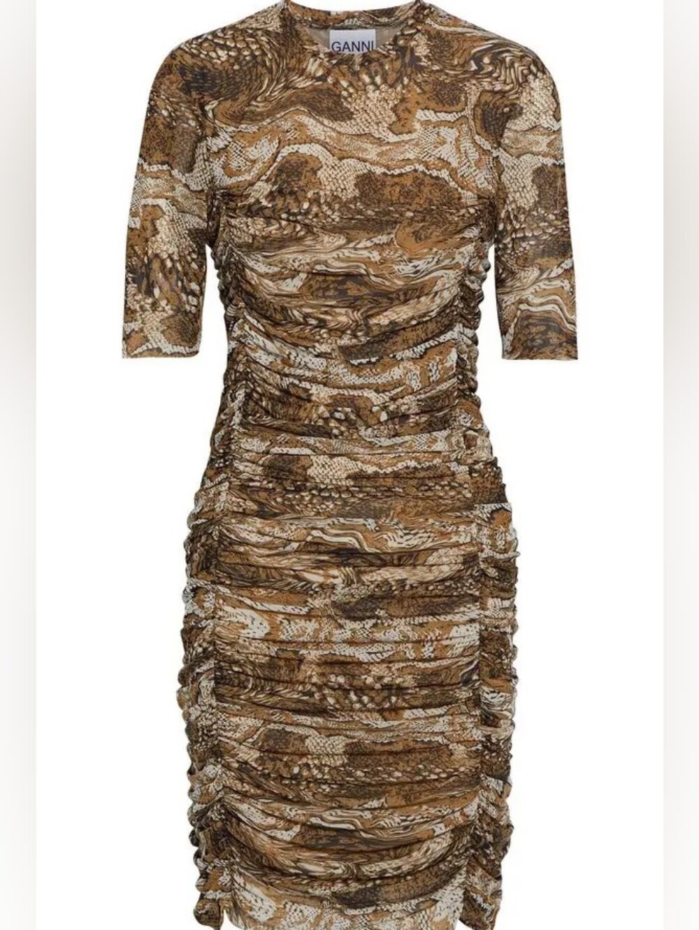 Ganni Ruched Printed Stretch-Mesh Mini Dress